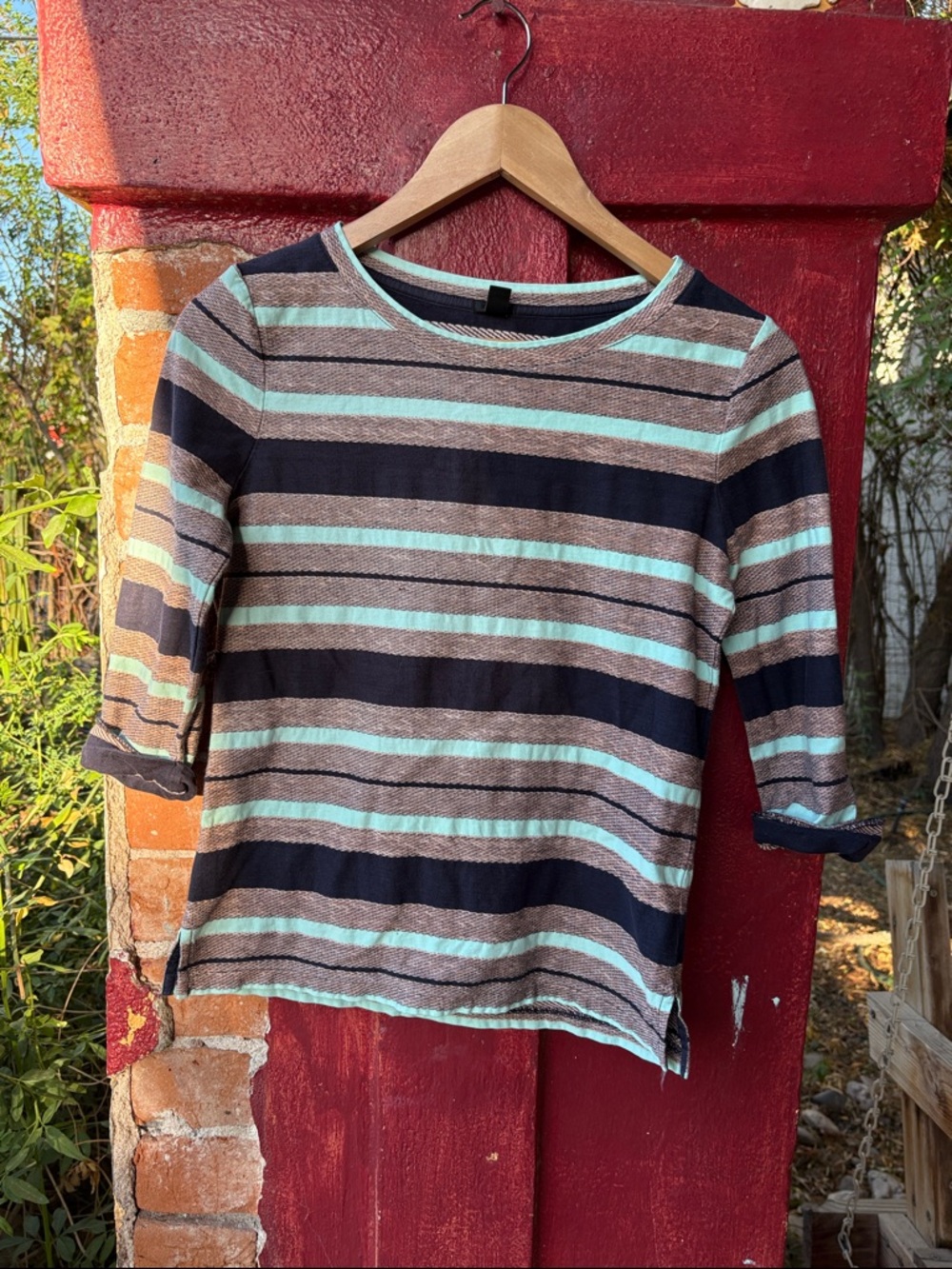 Striped 3/4 Sleeve Top in Navy, Taupe & Mint